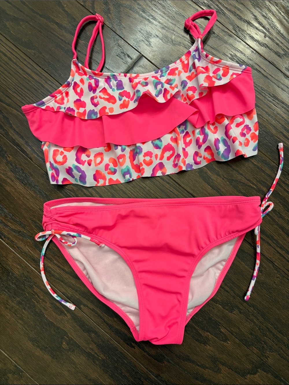 Justice Hot Pink Ruffle Two-Piece Bikini with Multicolor Print